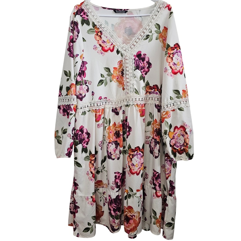 BloomChic Floral Babydoll Dress White Purple Orange Lace Trim Plus Size 18-20